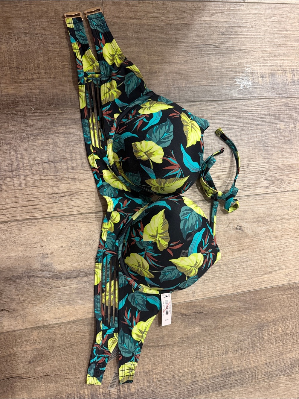 Victoria's Secret Womens Black Bikini Set Lime & Teal Tropical Print 34DD Medium - Picture 4 of 7